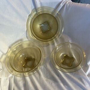 Vintage Federal Glass Amber Depression Ribbed Mixing Bowl Set 3 Nesting 1930s